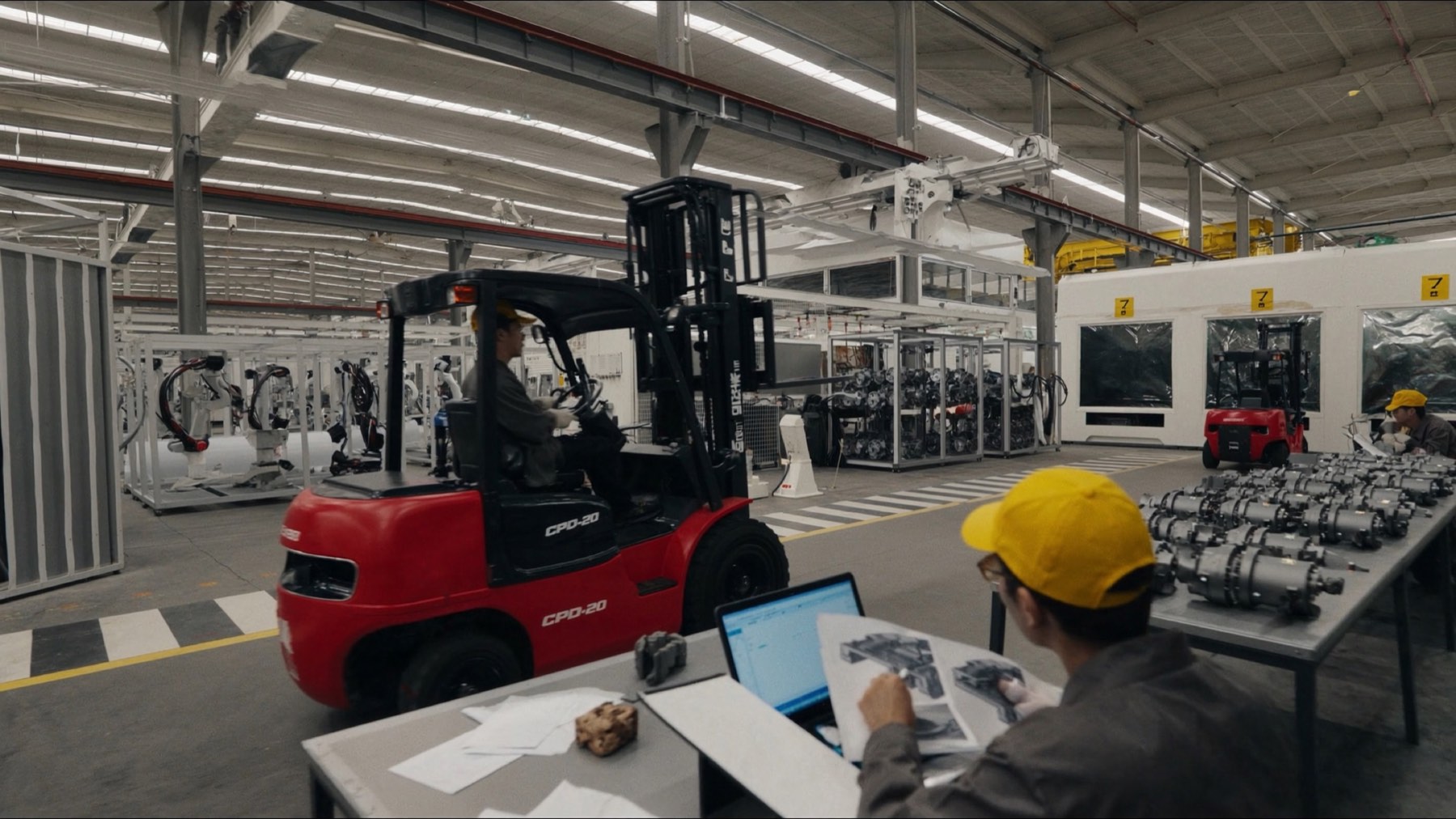 Illustrative electric forklift material-handling scene in a manufacturing workshop
