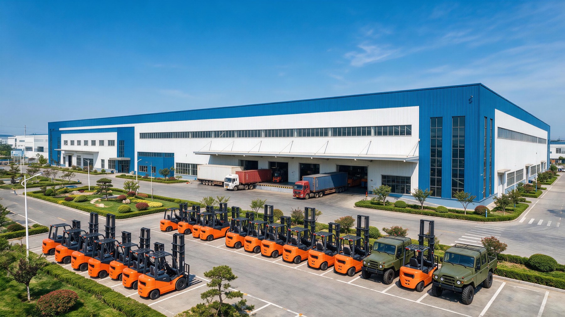 Factory exterior with forklifts and loading bays